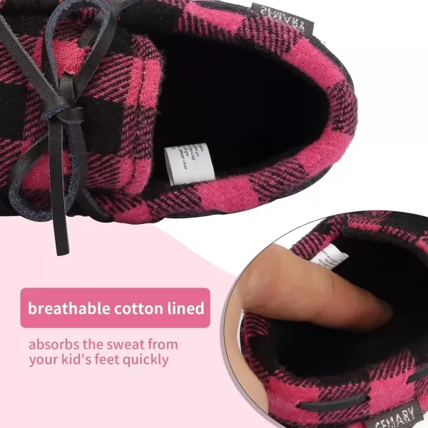 FANTURE Toddler Kids House Shoes Slippers with Memory Foam Fuzzy and Warm Cozy Comfort Fleece Clog Slip On Sole Protection for Boys Girls Indoor OutdoorSfuchsia Buffalo Plaid