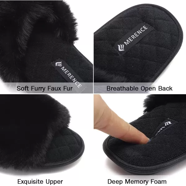 FANTURE Womens Furry Faux Fur Slippers Cozy Memory Foam House Slippers Soft Comfy Flat Slide Sandals Indoor Outdoor1black