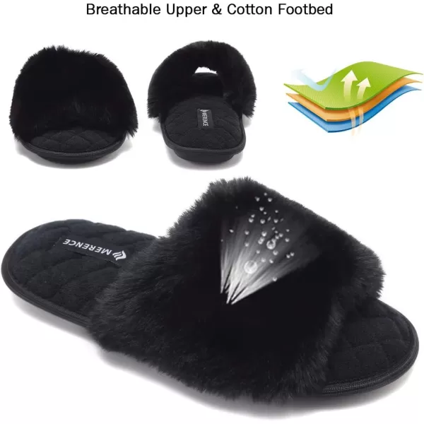 FANTURE Womens Furry Faux Fur Slippers Cozy Memory Foam House Slippers Soft Comfy Flat Slide Sandals Indoor Outdoor1black