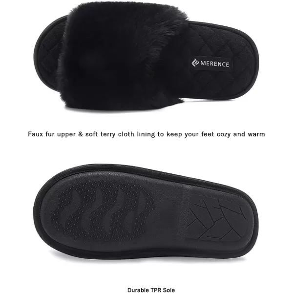 FANTURE Womens Furry Faux Fur Slippers Cozy Memory Foam House Slippers Soft Comfy Flat Slide Sandals Indoor Outdoor1black