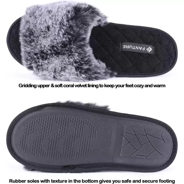 FANTURE Womens Furry Faux Fur Slippers Cozy Memory Foam House Slippers Soft Comfy Flat Slide Sandals Indoor Outdoor1gradient Black