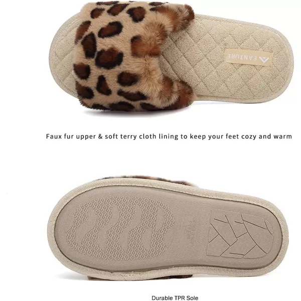 FANTURE Womens Furry Faux Fur Slippers Cozy Memory Foam House Slippers Soft Comfy Flat Slide Sandals Indoor Outdoor1leopard