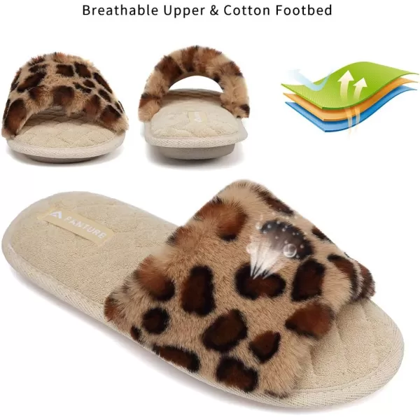 FANTURE Womens Furry Faux Fur Slippers Cozy Memory Foam House Slippers Soft Comfy Flat Slide Sandals Indoor Outdoor1leopard