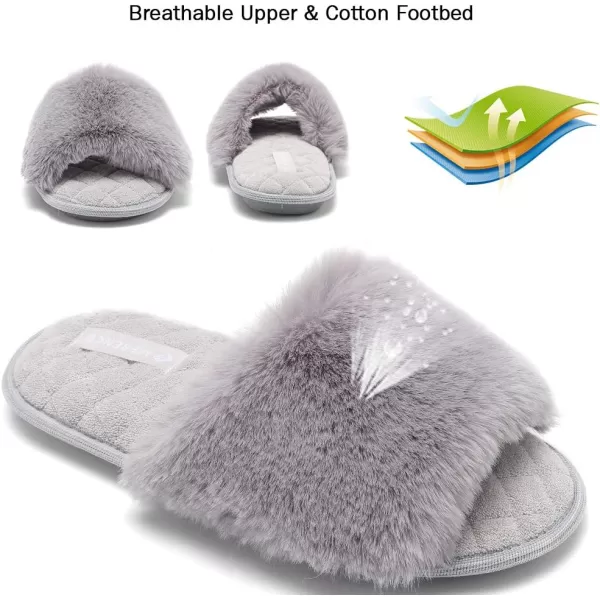 FANTURE Womens Furry Faux Fur Slippers Cozy Memory Foam House Slippers Soft Comfy Flat Slide Sandals Indoor Outdoor1light Gray