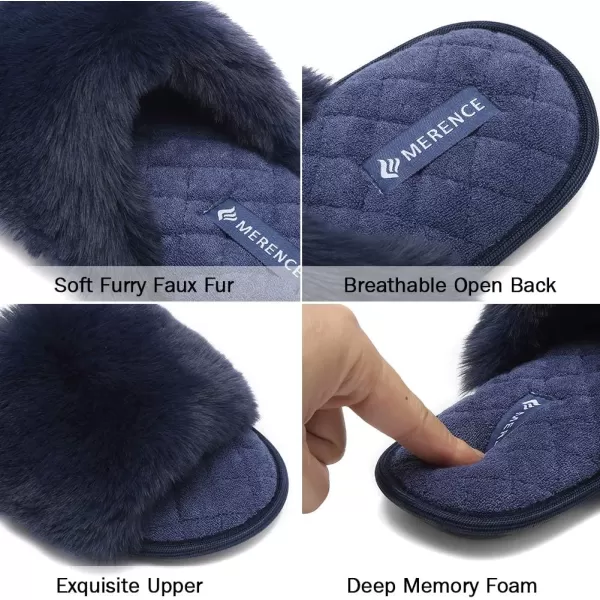 FANTURE Womens Furry Faux Fur Slippers Cozy Memory Foam House Slippers Soft Comfy Flat Slide Sandals Indoor Outdoor1navy Blue