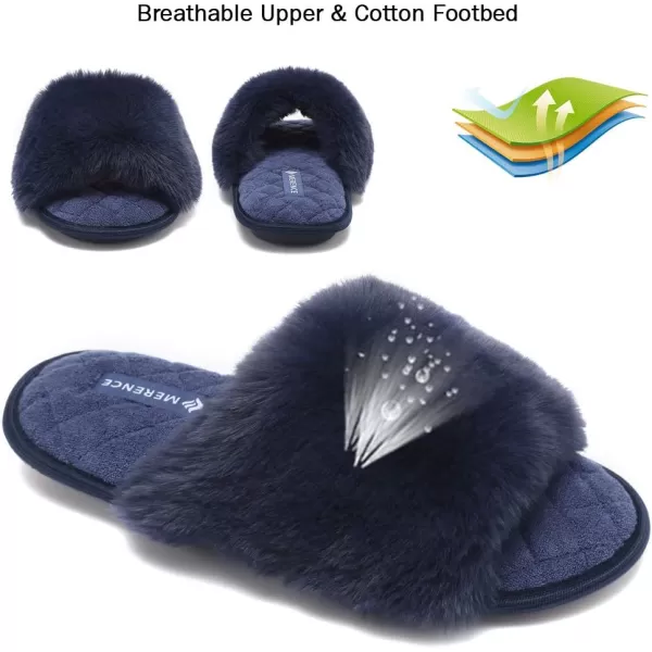 FANTURE Womens Furry Faux Fur Slippers Cozy Memory Foam House Slippers Soft Comfy Flat Slide Sandals Indoor Outdoor1navy Blue