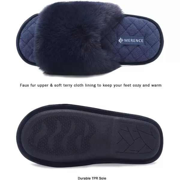 FANTURE Womens Furry Faux Fur Slippers Cozy Memory Foam House Slippers Soft Comfy Flat Slide Sandals Indoor Outdoor1navy Blue