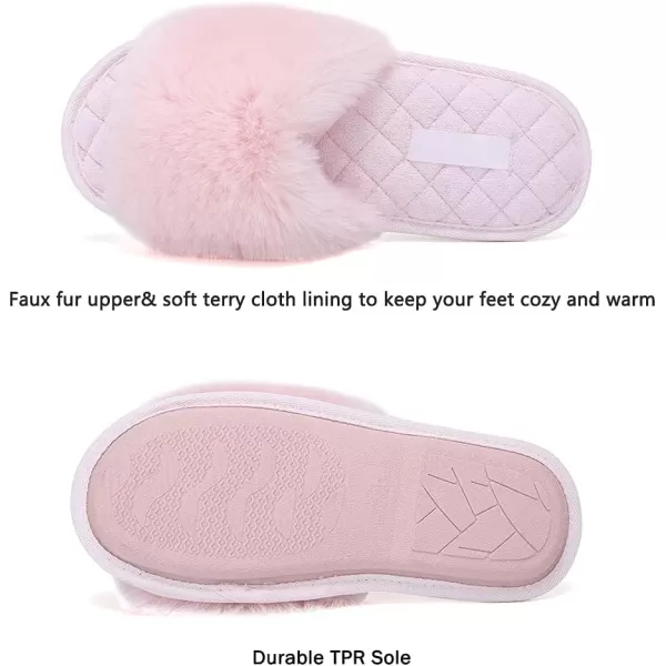 FANTURE Womens Furry Faux Fur Slippers Cozy Memory Foam House Slippers Soft Comfy Flat Slide Sandals Indoor Outdoor1pink