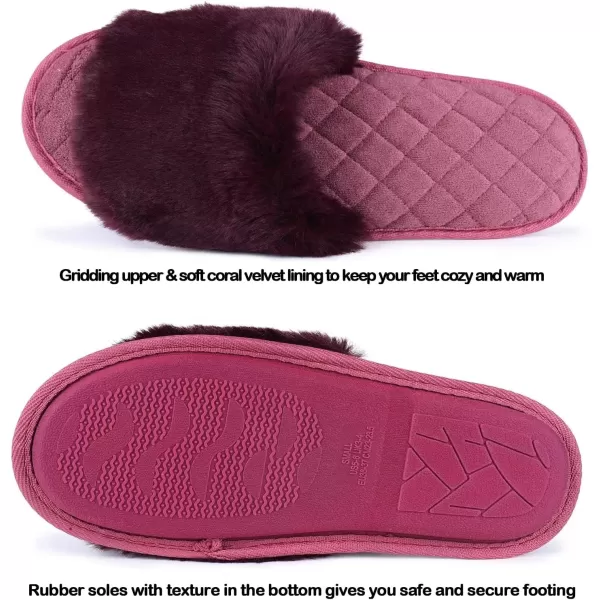 FANTURE Womens Furry Faux Fur Slippers Cozy Memory Foam House Slippers Soft Comfy Flat Slide Sandals Indoor Outdoor1purple