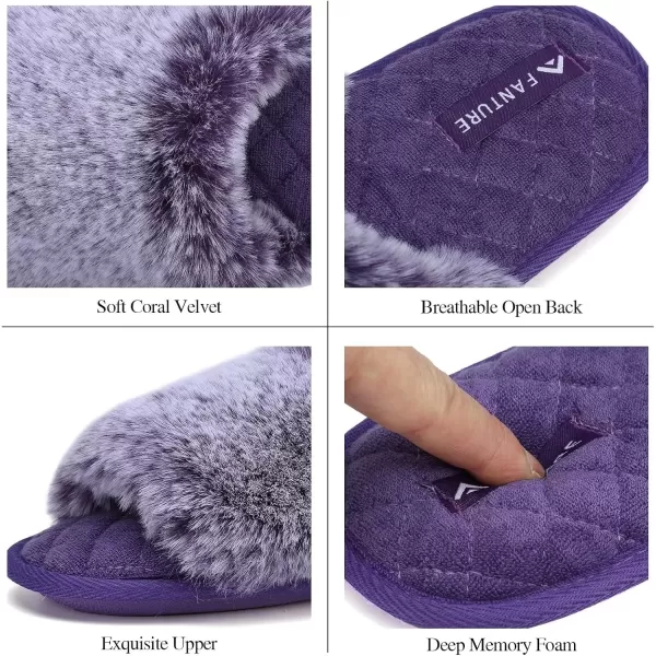 FANTURE Womens Furry Faux Fur Slippers Cozy Memory Foam House Slippers Soft Comfy Flat Slide Sandals Indoor Outdoor1violet