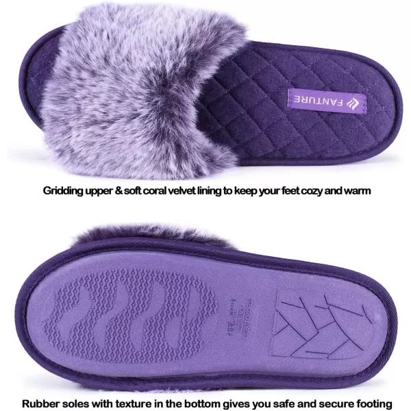 FANTURE Womens Furry Faux Fur Slippers Cozy Memory Foam House Slippers Soft Comfy Flat Slide Sandals Indoor Outdoor1violet