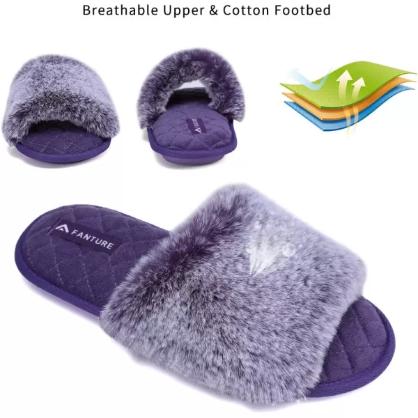 FANTURE Womens Furry Faux Fur Slippers Cozy Memory Foam House Slippers Soft Comfy Flat Slide Sandals Indoor Outdoor1violet