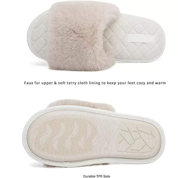 FANTURE Womens Furry Faux Fur Slippers Cozy Memory Foam House Slippers Soft Comfy Flat Slide Sandals Indoor Outdoor2beige