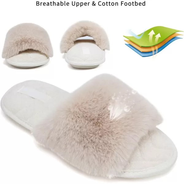 FANTURE Womens Furry Faux Fur Slippers Cozy Memory Foam House Slippers Soft Comfy Flat Slide Sandals Indoor Outdoor2beige