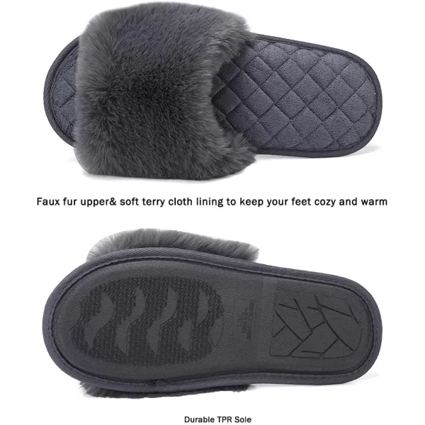 FANTURE Womens Furry Faux Fur Slippers Cozy Memory Foam House Slippers Soft Comfy Flat Slide Sandals Indoor Outdoor2gray