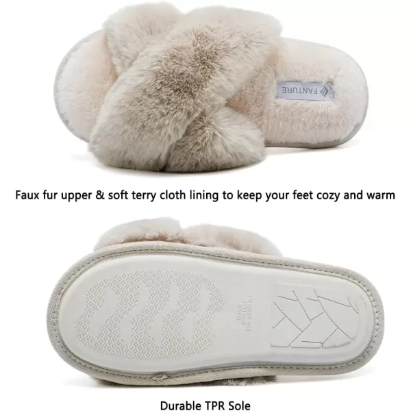 FANTURE Womens Furry Faux Fur Slippers Cozy Memory Foam House Slippers Soft Comfy Flat Slide Sandals Indoor Outdoor6beige