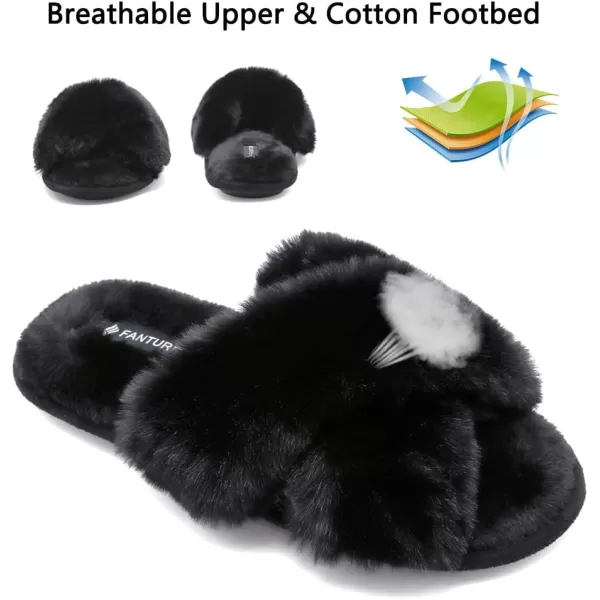 FANTURE Womens Furry Faux Fur Slippers Cozy Memory Foam House Slippers Soft Comfy Flat Slide Sandals Indoor Outdoor6black