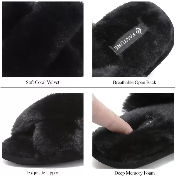 FANTURE Womens Furry Faux Fur Slippers Cozy Memory Foam House Slippers Soft Comfy Flat Slide Sandals Indoor Outdoor6black