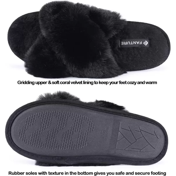 FANTURE Womens Furry Faux Fur Slippers Cozy Memory Foam House Slippers Soft Comfy Flat Slide Sandals Indoor Outdoor6black