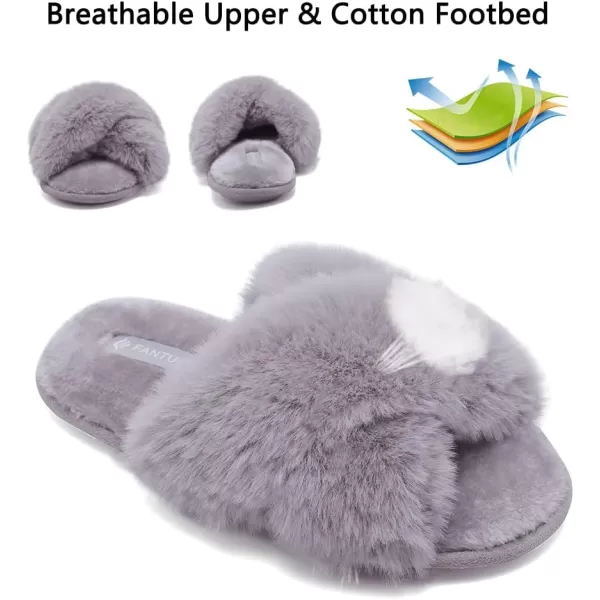 FANTURE Womens Furry Faux Fur Slippers Cozy Memory Foam House Slippers Soft Comfy Flat Slide Sandals Indoor Outdoor6light Gray