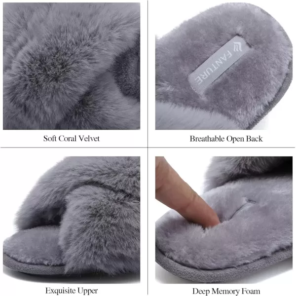 FANTURE Womens Furry Faux Fur Slippers Cozy Memory Foam House Slippers Soft Comfy Flat Slide Sandals Indoor Outdoor6light Gray