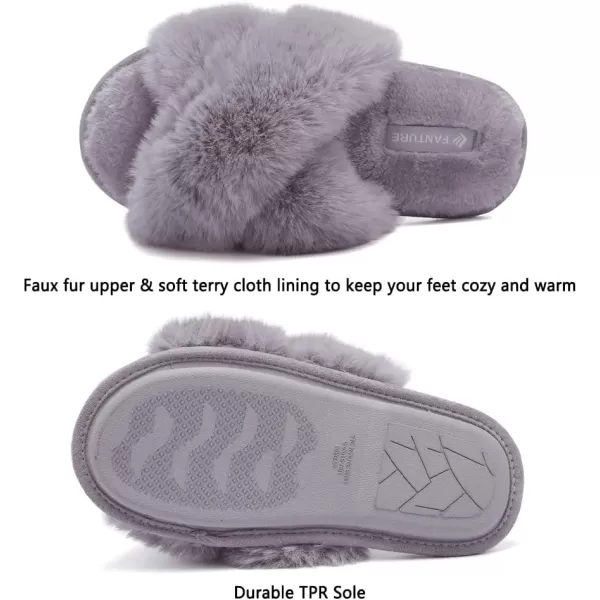 FANTURE Womens Furry Faux Fur Slippers Cozy Memory Foam House Slippers Soft Comfy Flat Slide Sandals Indoor Outdoor6light Gray