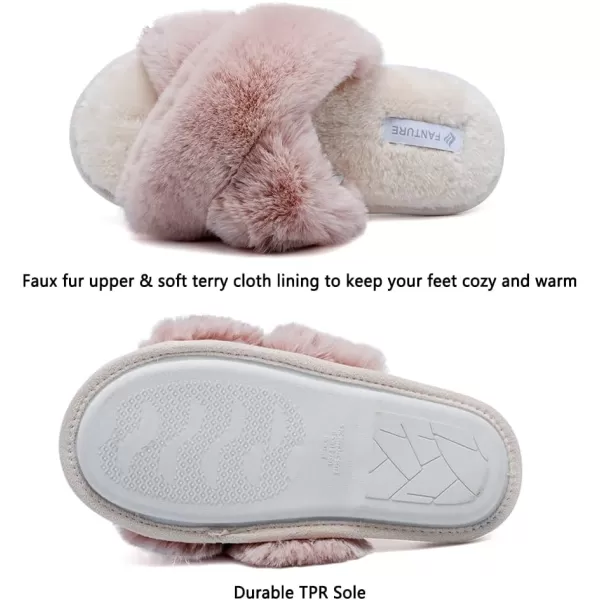 FANTURE Womens Furry Faux Fur Slippers Cozy Memory Foam House Slippers Soft Comfy Flat Slide Sandals Indoor Outdoor6pink