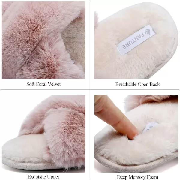 FANTURE Womens Furry Faux Fur Slippers Cozy Memory Foam House Slippers Soft Comfy Flat Slide Sandals Indoor Outdoor6pink