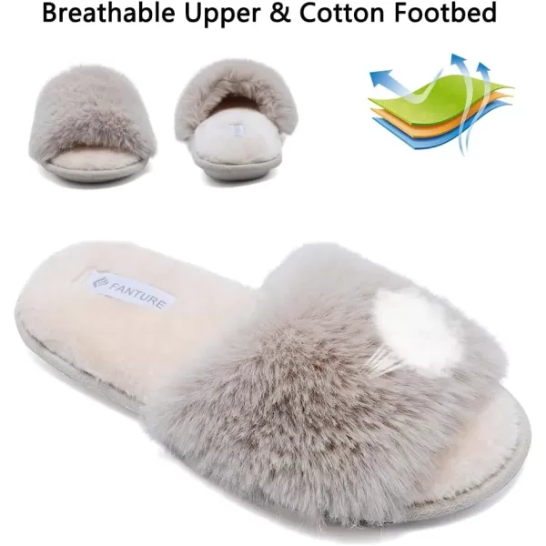 FANTURE Womens Furry Faux Fur Slippers Cozy Memory Foam House Slippers Soft Comfy Flat Slide Sandals Indoor Outdoor7beige