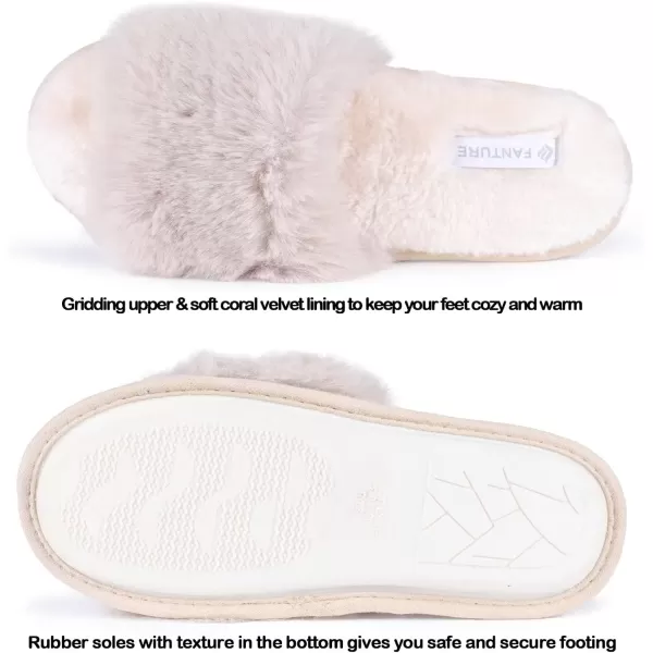 FANTURE Womens Furry Faux Fur Slippers Cozy Memory Foam House Slippers Soft Comfy Flat Slide Sandals Indoor Outdoor7beige