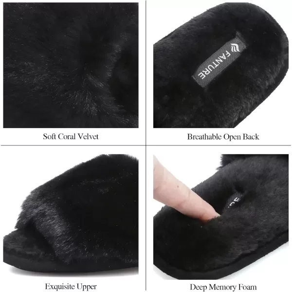 FANTURE Womens Furry Faux Fur Slippers Cozy Memory Foam House Slippers Soft Comfy Flat Slide Sandals Indoor Outdoor7black