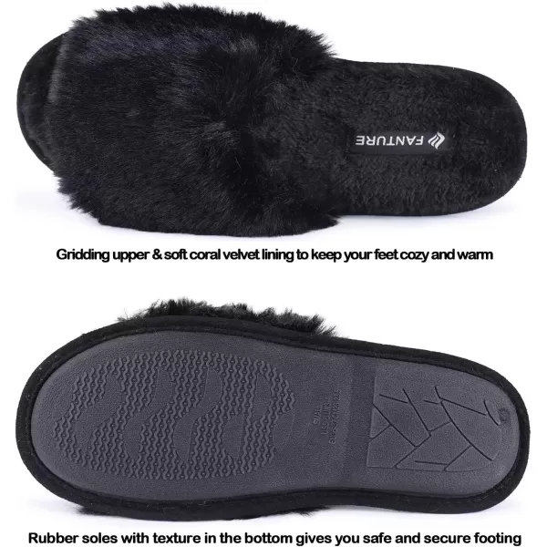 FANTURE Womens Furry Faux Fur Slippers Cozy Memory Foam House Slippers Soft Comfy Flat Slide Sandals Indoor Outdoor7black