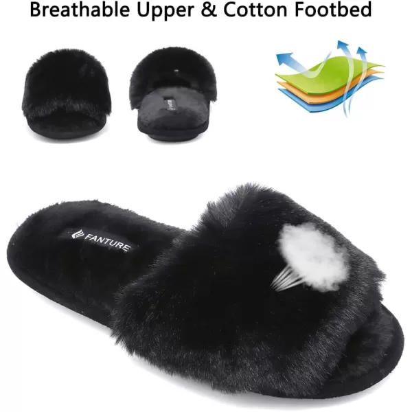 FANTURE Womens Furry Faux Fur Slippers Cozy Memory Foam House Slippers Soft Comfy Flat Slide Sandals Indoor Outdoor7black