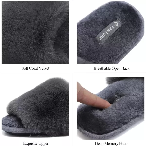 FANTURE Womens Furry Faux Fur Slippers Cozy Memory Foam House Slippers Soft Comfy Flat Slide Sandals Indoor Outdoor7dark Gray