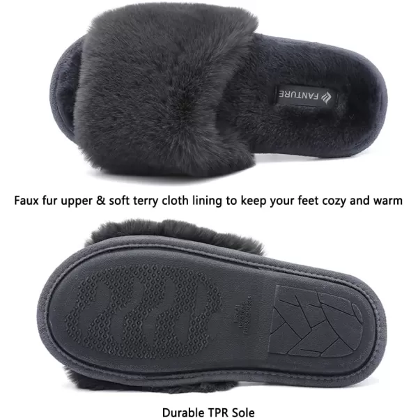 FANTURE Womens Furry Faux Fur Slippers Cozy Memory Foam House Slippers Soft Comfy Flat Slide Sandals Indoor Outdoor7dark Gray