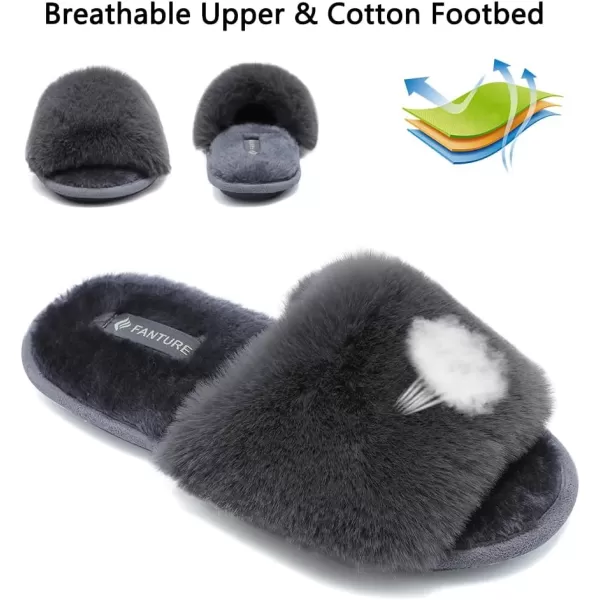 FANTURE Womens Furry Faux Fur Slippers Cozy Memory Foam House Slippers Soft Comfy Flat Slide Sandals Indoor Outdoor7dark Gray