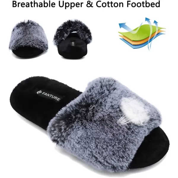 FANTURE Womens Furry Faux Fur Slippers Cozy Memory Foam House Slippers Soft Comfy Flat Slide Sandals Indoor Outdoor7g Black