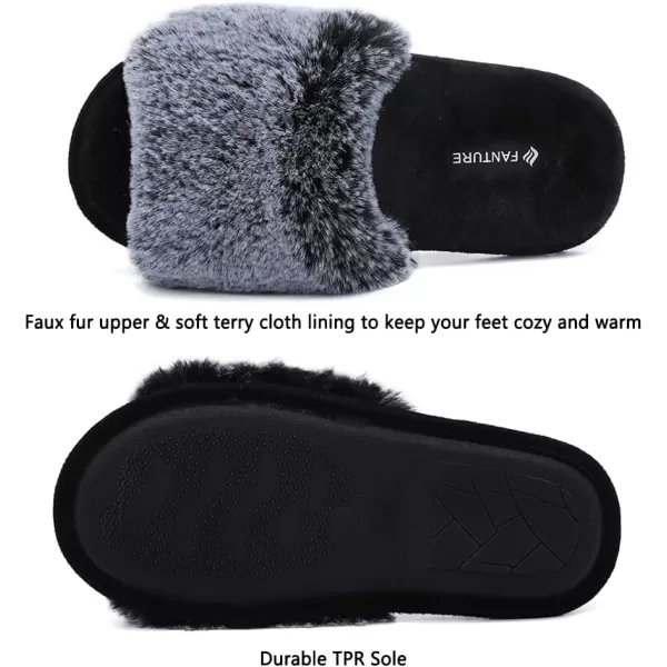 FANTURE Womens Furry Faux Fur Slippers Cozy Memory Foam House Slippers Soft Comfy Flat Slide Sandals Indoor Outdoor7g Black