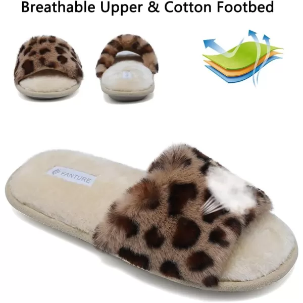 FANTURE Womens Furry Faux Fur Slippers Cozy Memory Foam House Slippers Soft Comfy Flat Slide Sandals Indoor Outdoor7leopard