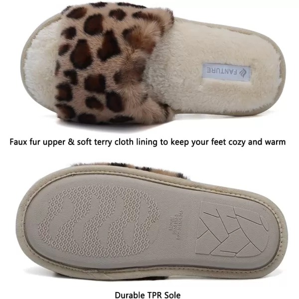 FANTURE Womens Furry Faux Fur Slippers Cozy Memory Foam House Slippers Soft Comfy Flat Slide Sandals Indoor Outdoor7leopard