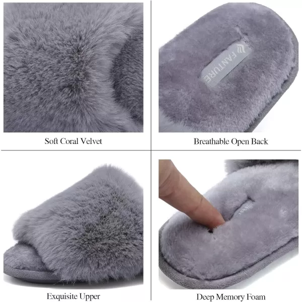 FANTURE Womens Furry Faux Fur Slippers Cozy Memory Foam House Slippers Soft Comfy Flat Slide Sandals Indoor Outdoor7light Gray