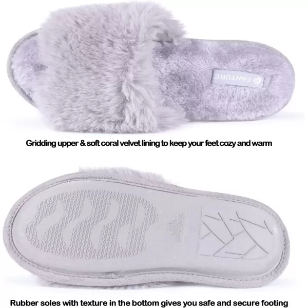 FANTURE Womens Furry Faux Fur Slippers Cozy Memory Foam House Slippers Soft Comfy Flat Slide Sandals Indoor Outdoor7light Gray