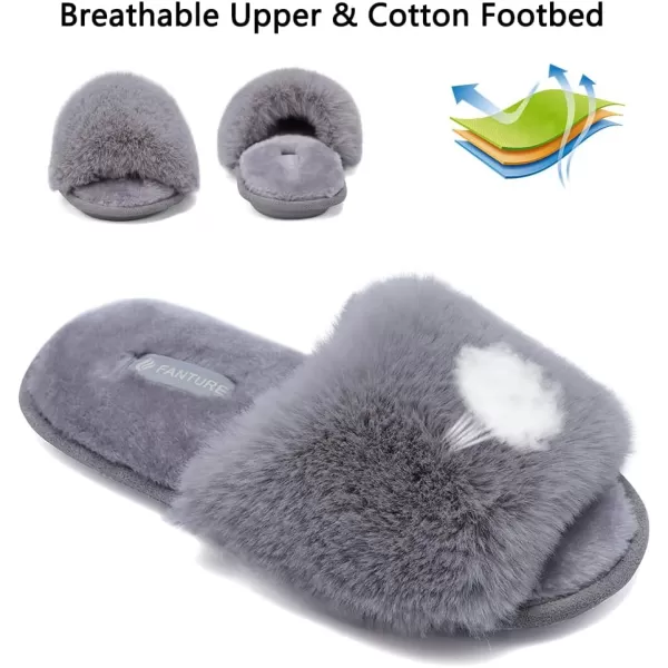 FANTURE Womens Furry Faux Fur Slippers Cozy Memory Foam House Slippers Soft Comfy Flat Slide Sandals Indoor Outdoor7light Gray