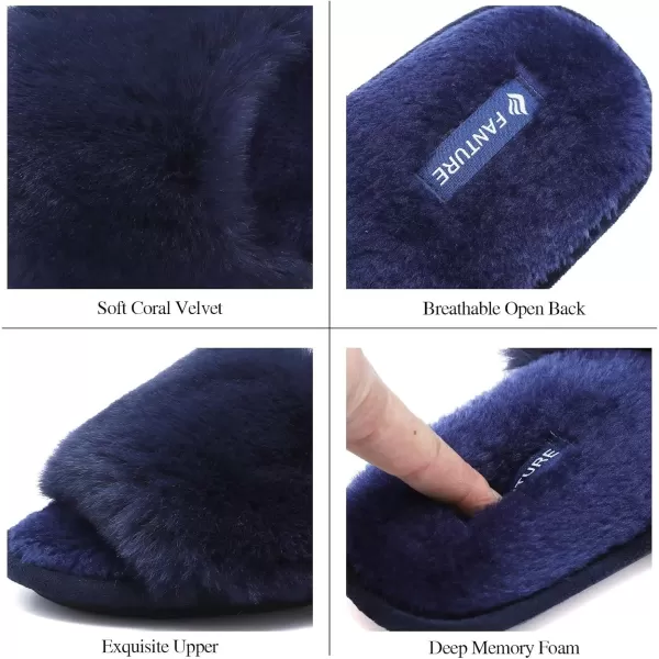 FANTURE Womens Furry Faux Fur Slippers Cozy Memory Foam House Slippers Soft Comfy Flat Slide Sandals Indoor Outdoor7navy Blue