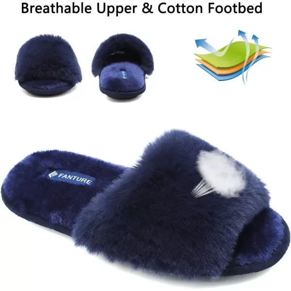 FANTURE Womens Furry Faux Fur Slippers Cozy Memory Foam House Slippers Soft Comfy Flat Slide Sandals Indoor Outdoor7navy Blue