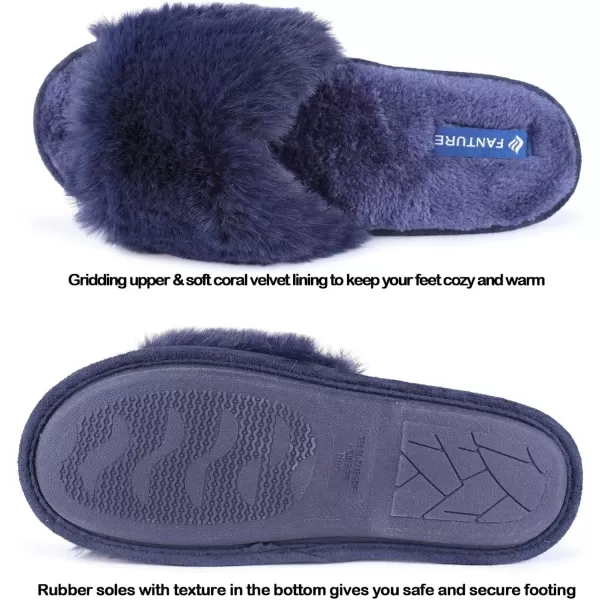 FANTURE Womens Furry Faux Fur Slippers Cozy Memory Foam House Slippers Soft Comfy Flat Slide Sandals Indoor Outdoor7navy Blue