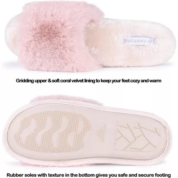 FANTURE Womens Furry Faux Fur Slippers Cozy Memory Foam House Slippers Soft Comfy Flat Slide Sandals Indoor Outdoor7pink