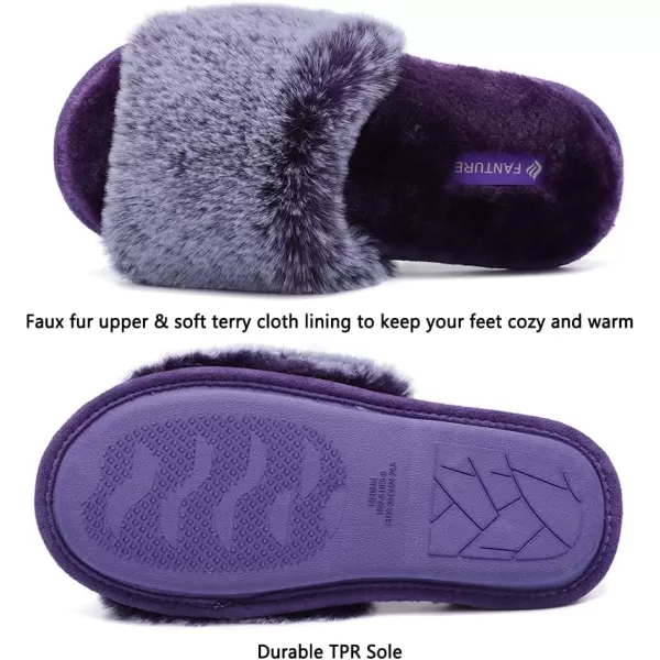 FANTURE Womens Furry Faux Fur Slippers Cozy Memory Foam House Slippers Soft Comfy Flat Slide Sandals Indoor Outdoor7violet