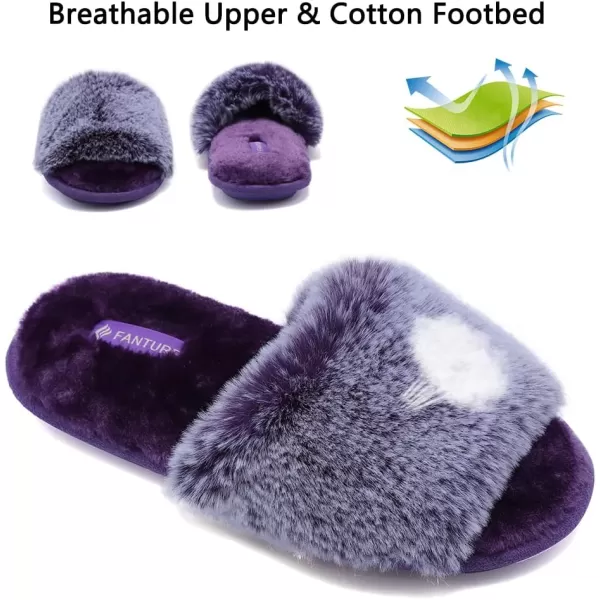 FANTURE Womens Furry Faux Fur Slippers Cozy Memory Foam House Slippers Soft Comfy Flat Slide Sandals Indoor Outdoor7violet