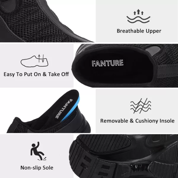 FANTURE Womens Mesh Breathable Casual Sneakers Clog Mule Ultra Lightweight Slip on Walking Shoes Genuine Suede LeatherSneakers Black